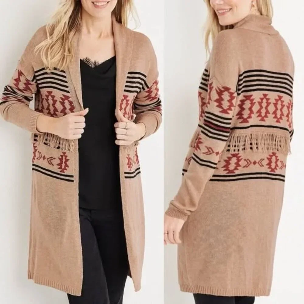 Maurices Geometric Aztec Western Tan Duster Cardigan with Fringe size Medium